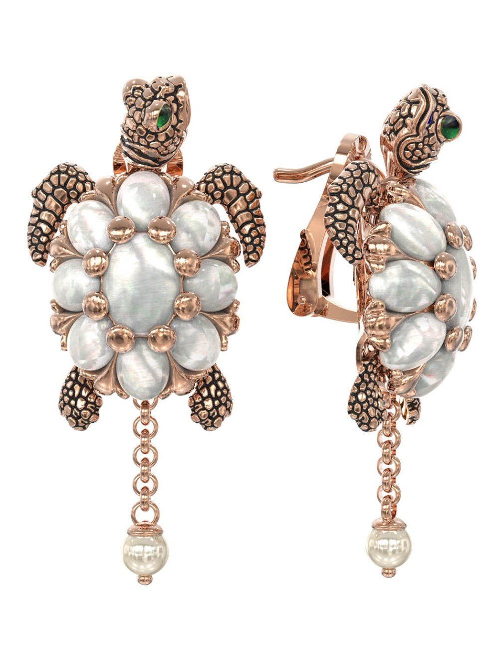 Серьги из золота c эмалью, жемчугом и перламутром