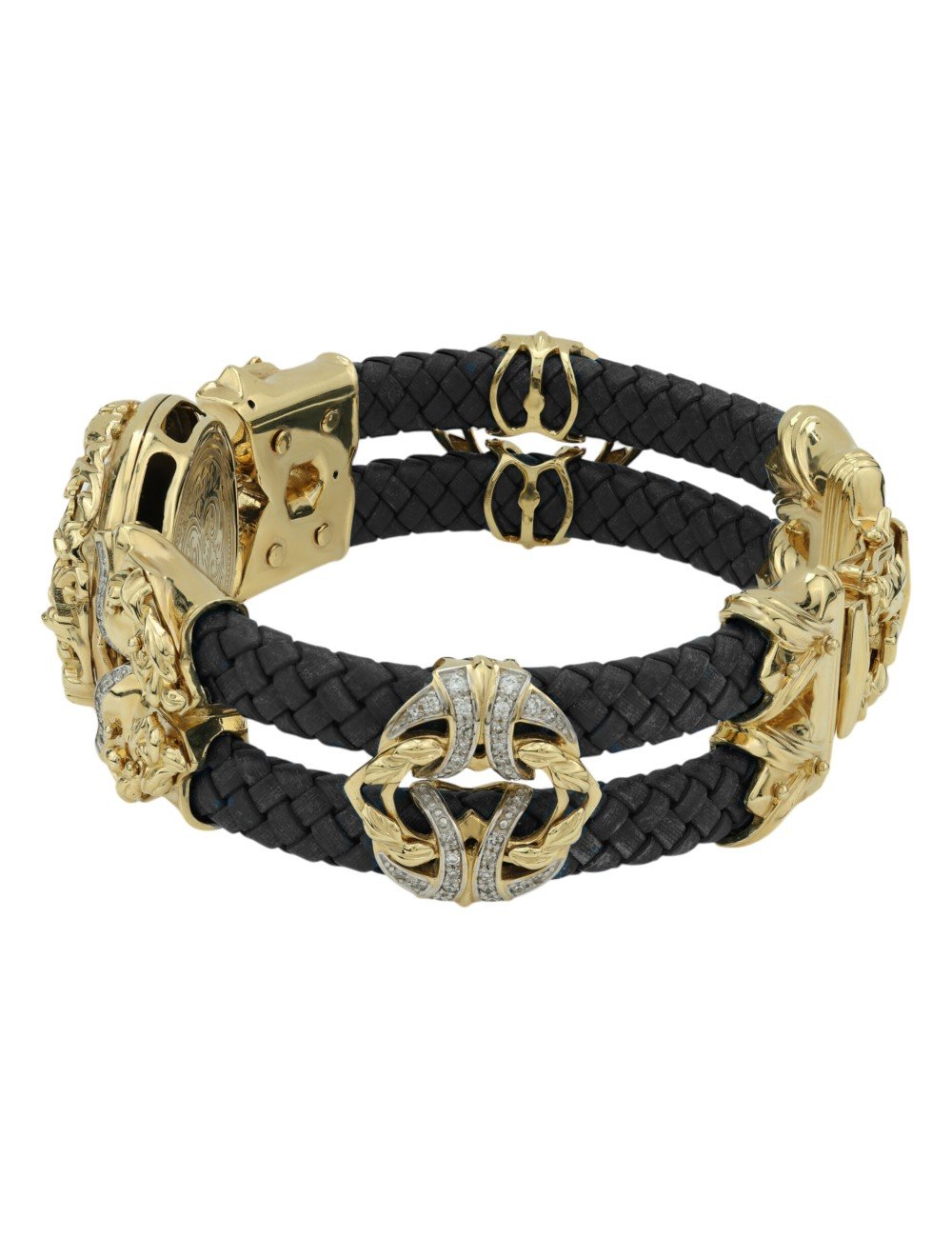 Браслет из лимонного золота c эмалью, бриллиантами, шнурком и ониксом