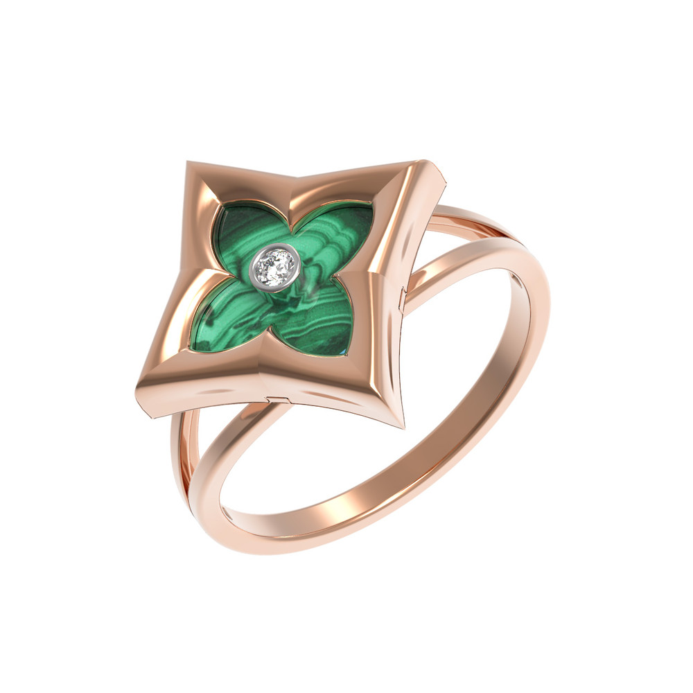 Кольцо из красного золота 585 пробы c бриллиантами и малахитом