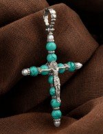 Крест из белого золота c жемчугом и бирюзой