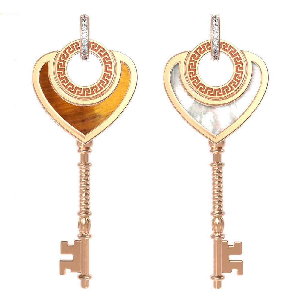 Подвеска из красного золота 585 пробы c фианитом, тигровым глазом и перламутром