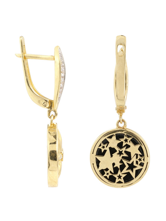 Серьги из лимонного золота 585 пробы c бриллиантами, ониксом и перламутром