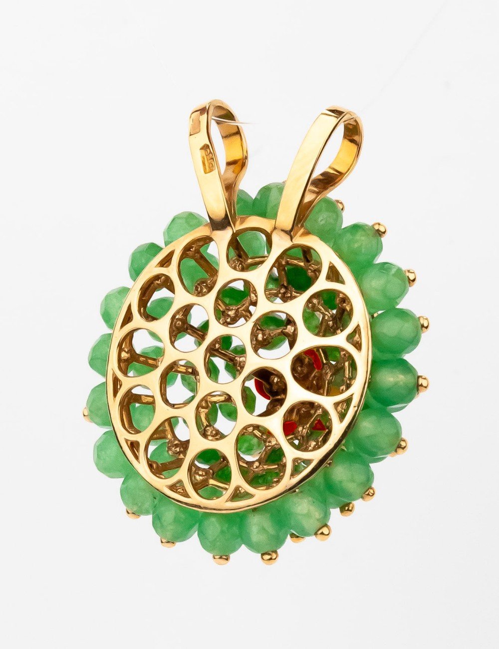 Подвеска из золота c гранатом, хризопразом и кораллом