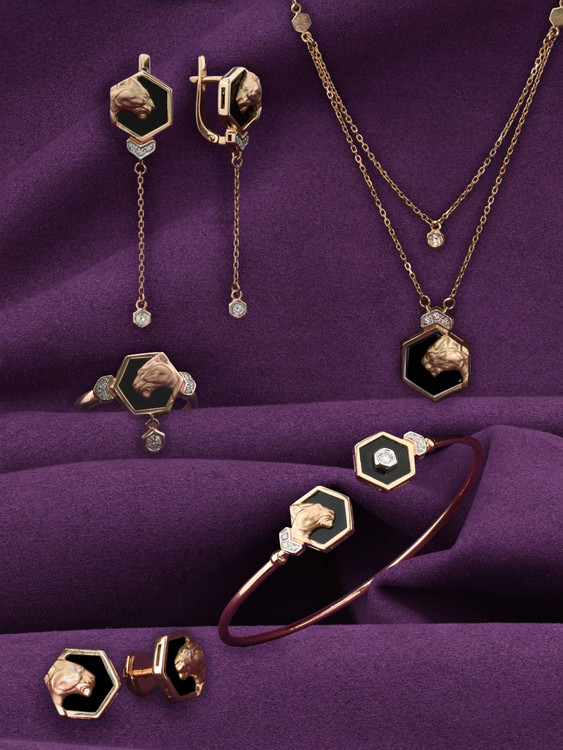 Серьги из красного золота 585 пробы c бриллиантами и ониксом