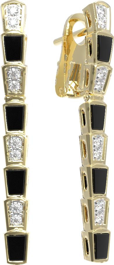 Серьги из лимонного золота 585 пробы c бриллиантами и ониксом