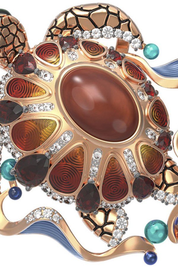 Подвеска из золота c эмалью, фианитом, гранатом и янтарём