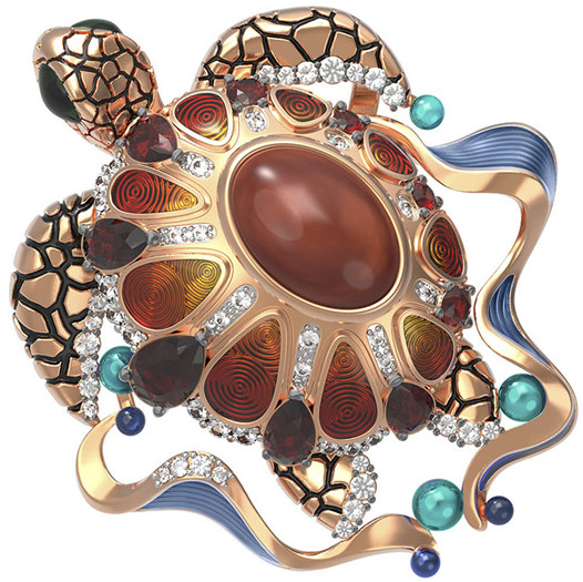 Подвеска из красного золота 585 пробы c эмалью, фианитом, гранатом и янтарём