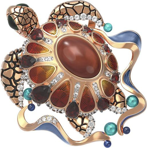 Подвеска из красного золота 585 пробы c эмалью, фианитом, гранатом и янтарём