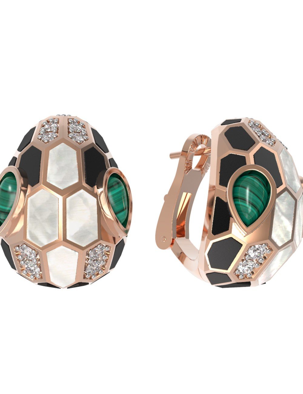 Серьги из золота c бриллиантами, рубином, ониксом, малахитом и перламутром