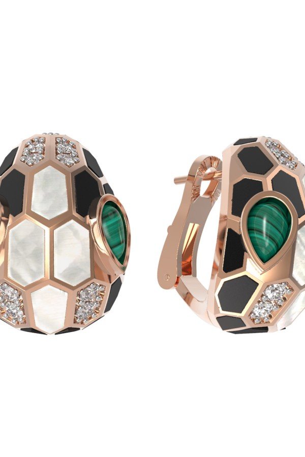 Серьги из золота c бриллиантами, рубином, ониксом, малахитом и перламутром