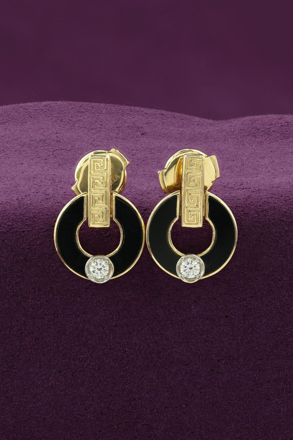 Серьги из лимонного золота 585 пробы c бриллиантами и ониксом