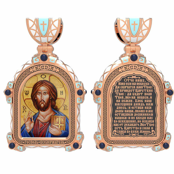 Нательная икона из красного золота 585 пробы c эмалью, иконописью и темперой