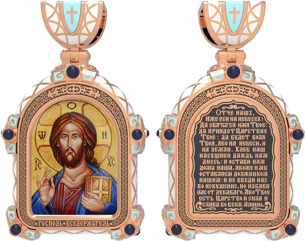Нательная икона из красного золота 585 пробы c эмалью, иконописью и темперой
