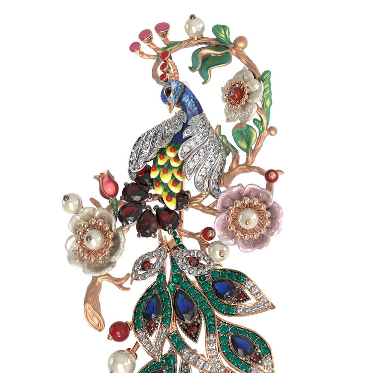 Брошь-подвеска из красного золота 585 пробы c эмалью, фианитом, гранатом, жемчугом, сапфиром, кораллом и перламутром