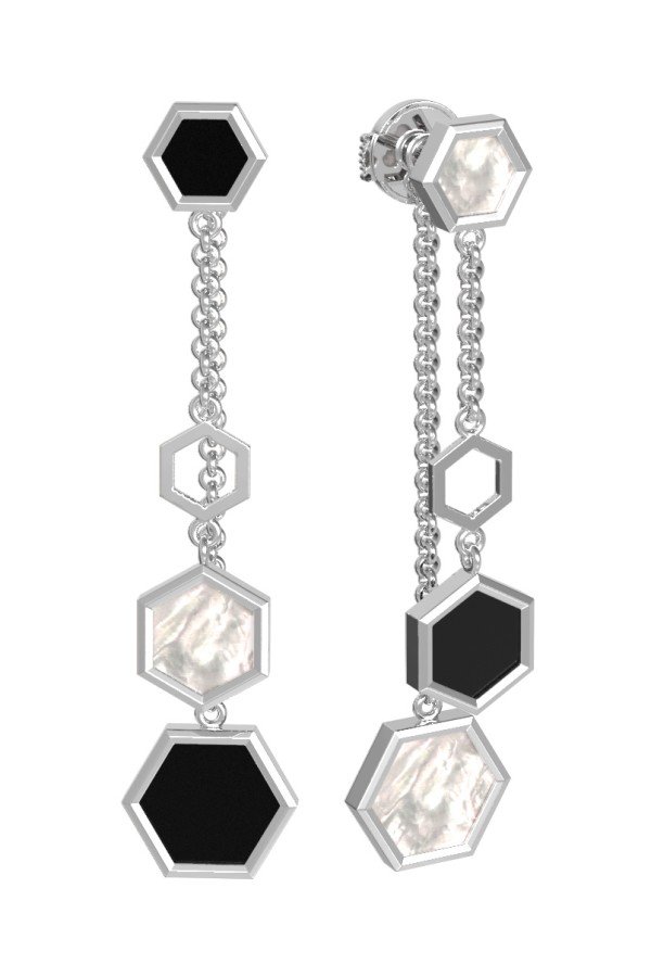 Серьги из белого золота c ониксом и перламутром