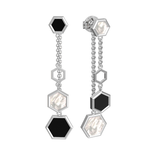 Серьги из белого золота 585 пробы c ониксом и перламутром