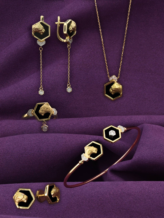 Серьги из лимонного золота 585 пробы c бриллиантами и ониксом