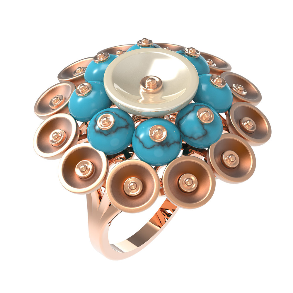 Кольцо из красного золота 585 пробы c бирюзой и перламутром