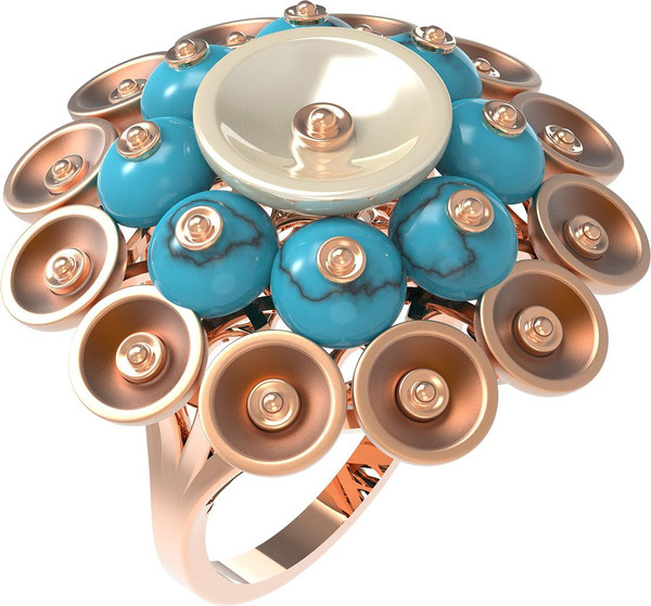 Кольцо из красного золота 585 пробы c бирюзой и перламутром