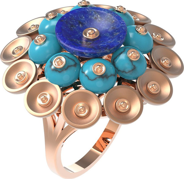 Кольцо из красного золота 585 пробы c бирюзой и лазуритом