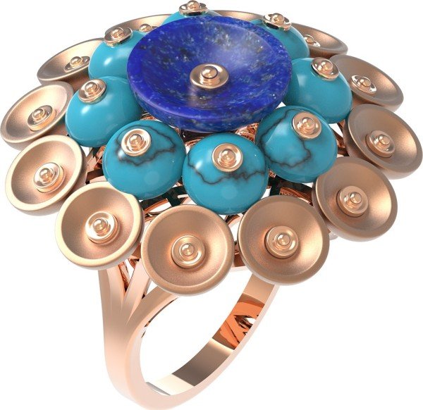 Кольцо из золота c бирюзой и лазуритом