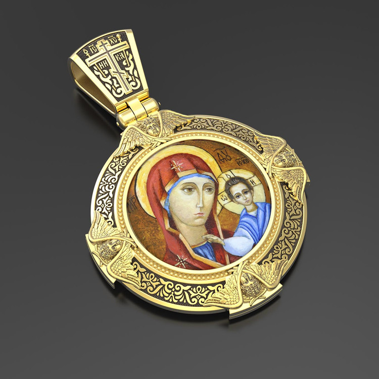 Нательная икона из лимонного золота 585 пробы c эмалью, иконописью и темперой
