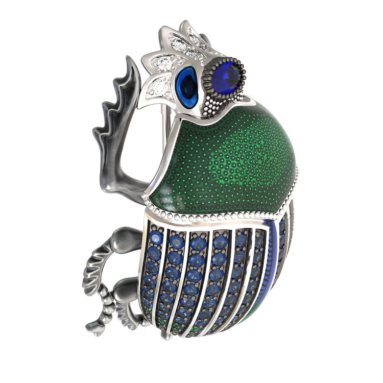 Брошь-подвеска из белого золота 585 пробы c эмалью, фианитом и сапфиром