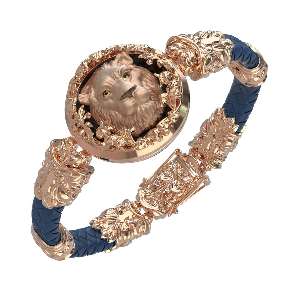 Браслет из красного золота 585 пробы c кожаным шнурком и ониксом