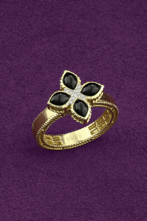 Кольцо из лимонного золота 585 пробы c бриллиантами и ониксом