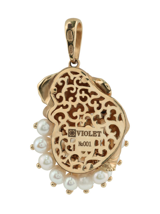 Подвеска из красного золота 585 пробы c эмалью и жемчугом