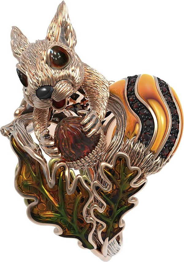 Кольцо из красного золота 585 пробы c эмалью, гранатом и янтарём