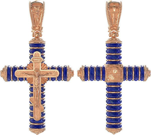 Крест из красного золота 585 пробы c лазуритом