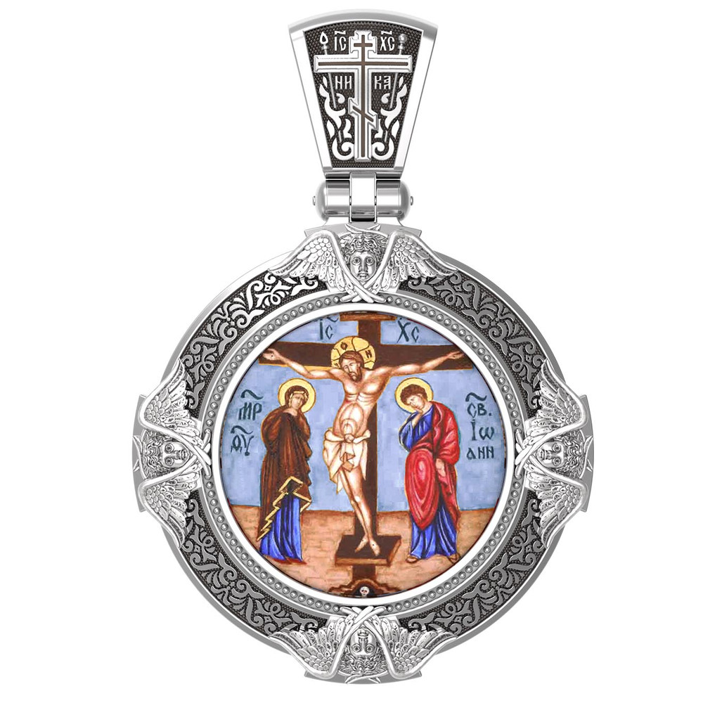 Нательная икона из белого золота 585 пробы c эмалью, иконописью и темперой