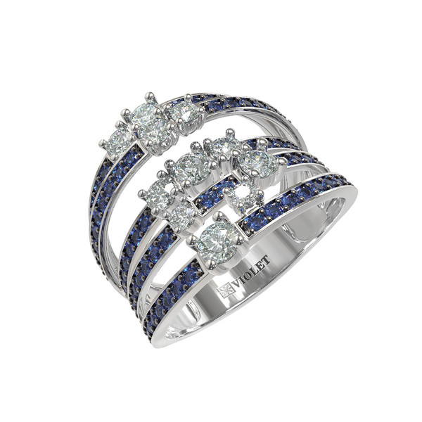 Кольцо из белого золота 585 пробы c бриллиантами и сапфиром