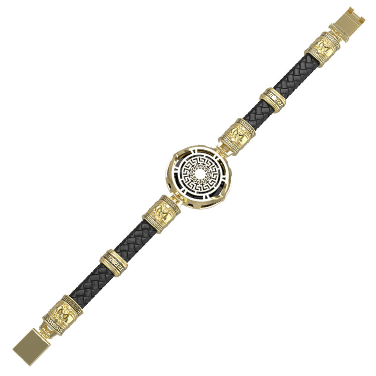 Браслет из лимонного золота 585 пробы c эмалью, шнурком, ониксом и рубином