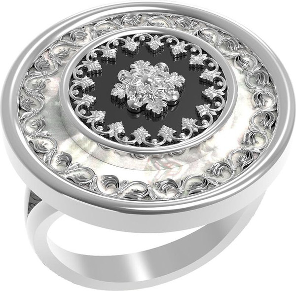 Кольцо из белого золота 585 пробы c ониксом и перламутром