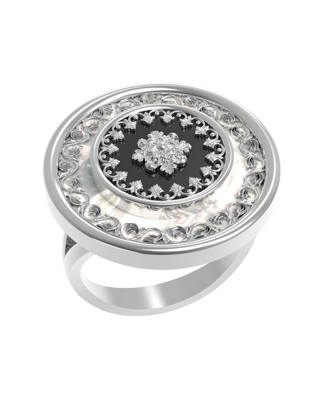 Кольцо из белого золота c ониксом и перламутром