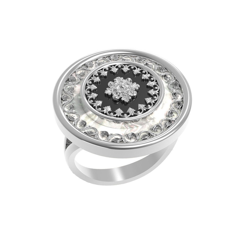 Кольцо из белого золота 585 пробы c ониксом и перламутром