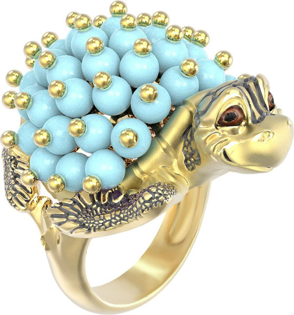 Кольцо из лимонного золота 585 пробы c эмалью и бирюзой