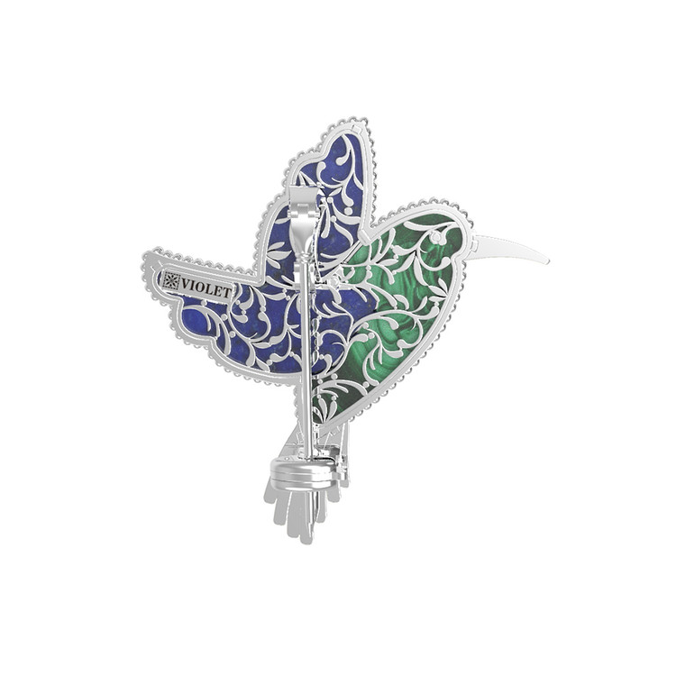 Брошь-подвеска из белого золота 585 пробы c эмалью, лазуритом и малахитом