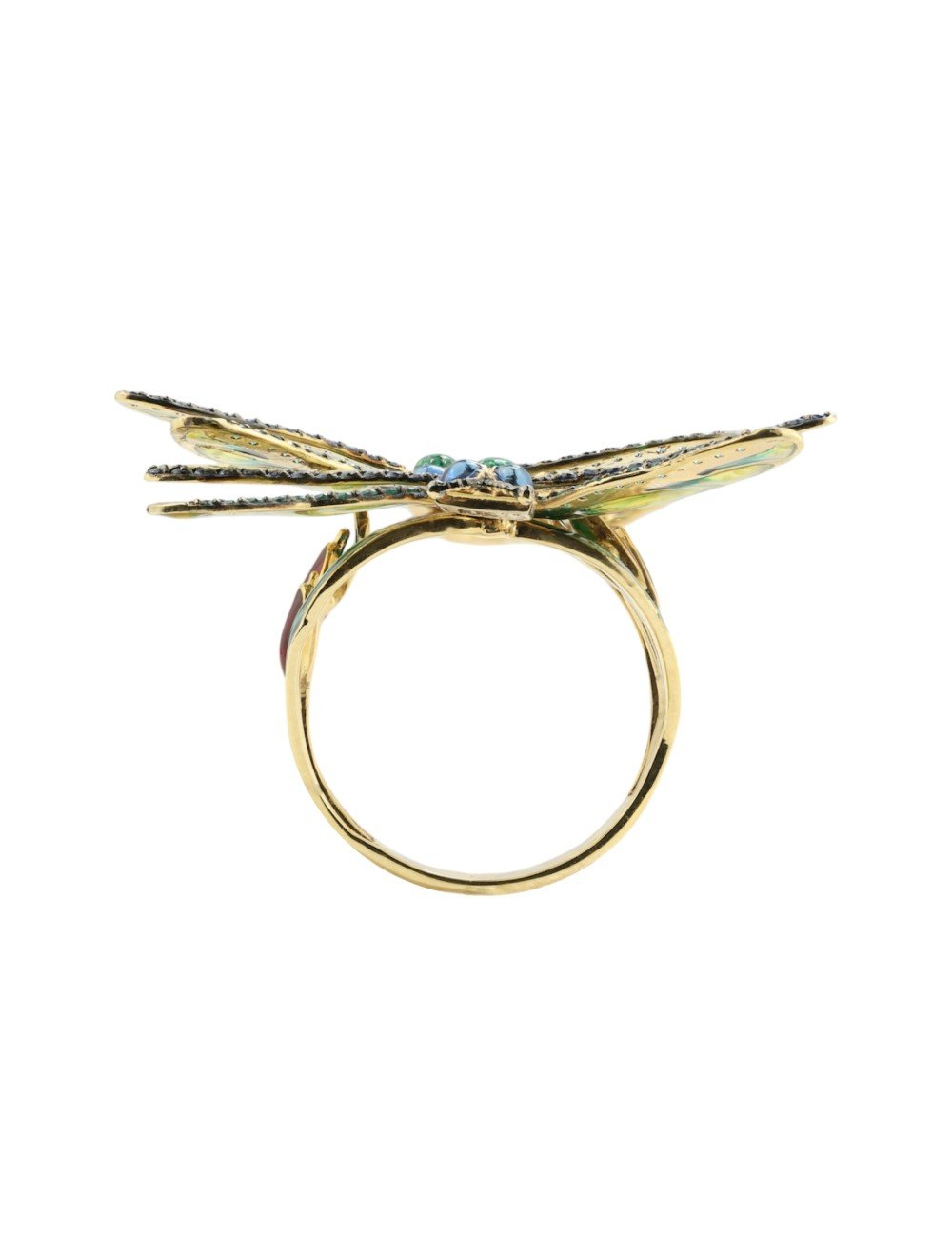 Кольцо из лимонного золота c сапфиром, изумрудом и эмалью