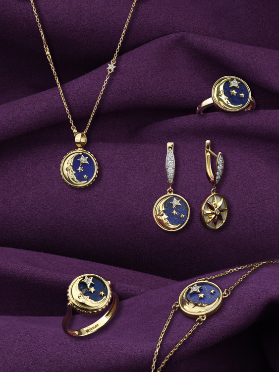 Кольцо из лимонного золота 585 пробы c бриллиантами и лазуритом