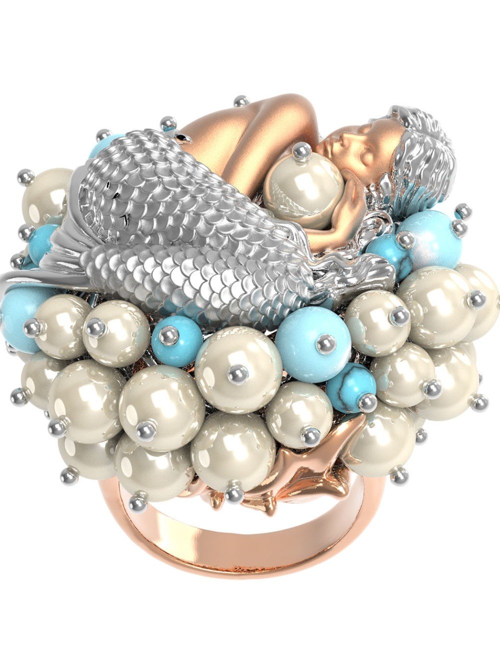 Кольцо из золота c жемчугом и бирюзой