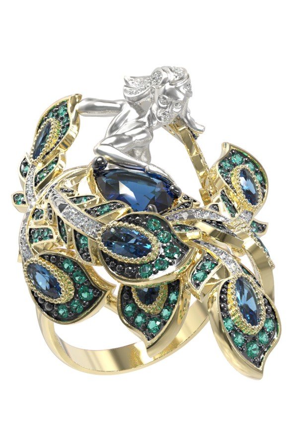 Кольцо из лимонного золота c фианитом и топазом London Blue