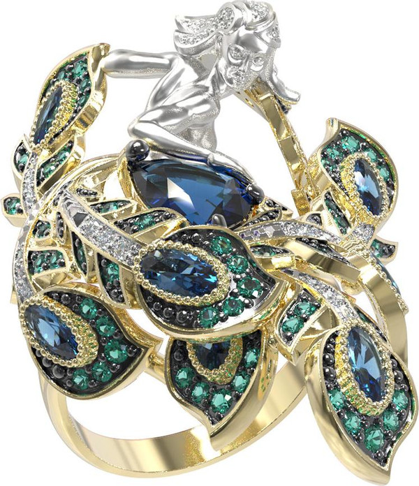 Кольцо из лимонного золота 585 пробы c фианитом и топазом London Blue