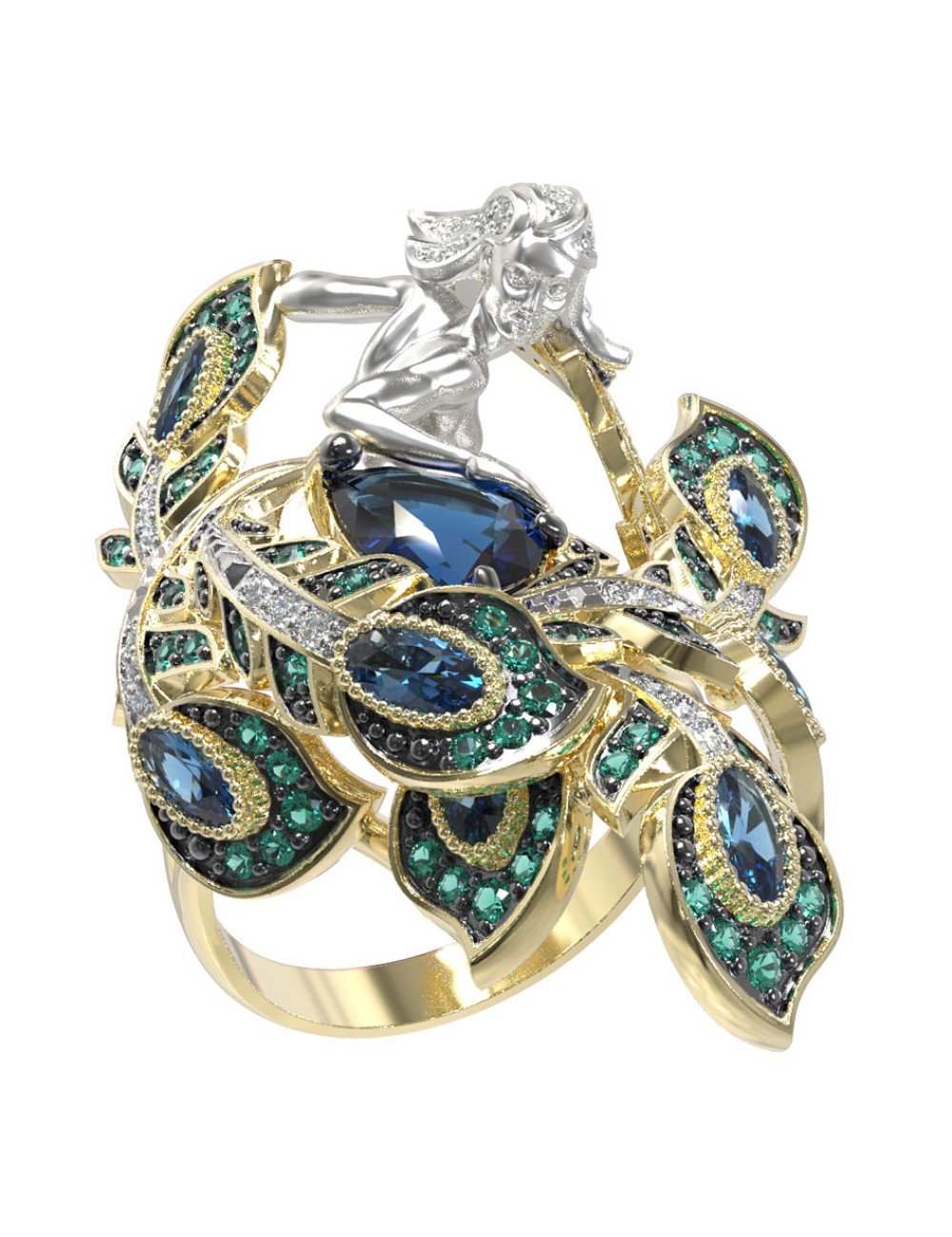 Кольцо из лимонного золота c фианитом и топазом London Blue