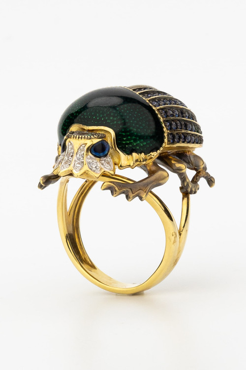 Кольцо из лимонного золота 585 пробы c эмалью, фианитом и турмалином