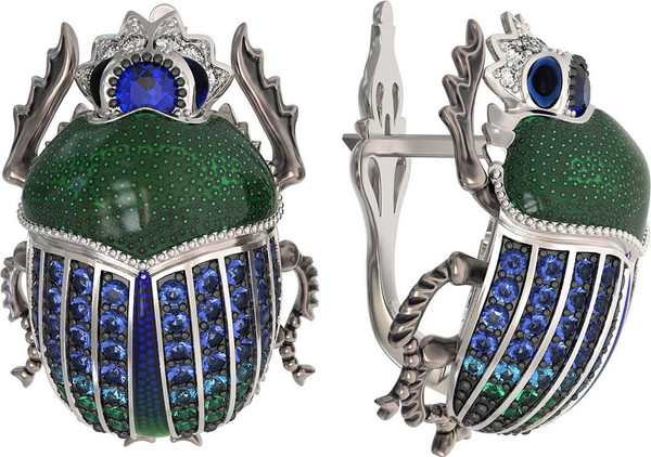 Серьги из белого золота 585 пробы c эмалью, фианитом и сапфиром