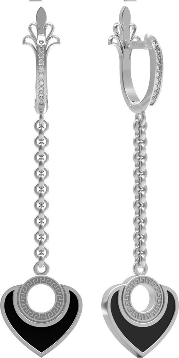 Серьги из белого золота 585 пробы c фианитом и ониксом