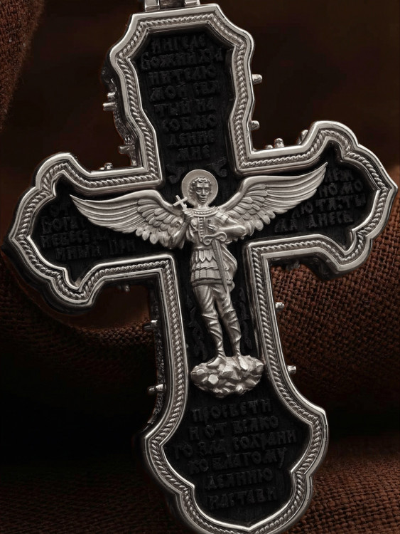 Крест из белого золота 585 пробы c эбеновым деревом